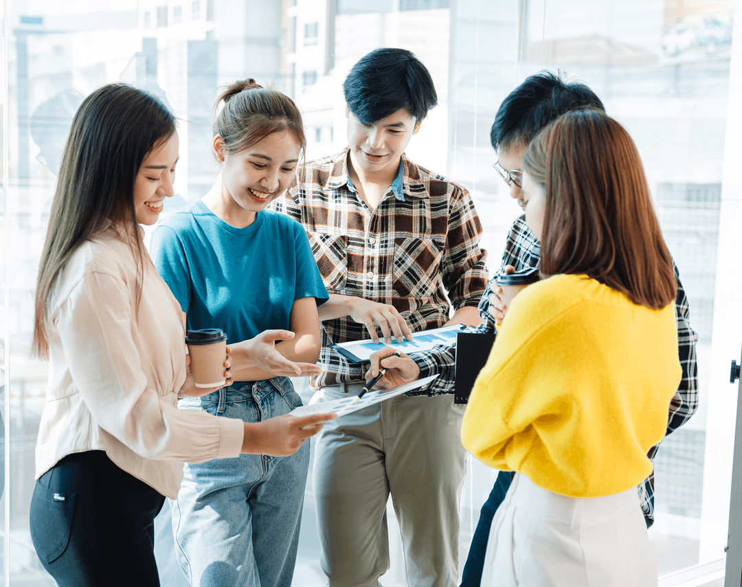 A team collaborating in a bright office